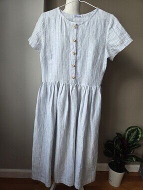 Linen City Handmade Poland 100% Linen Blue Stripe Midi Dress Wooden Buttons Smal